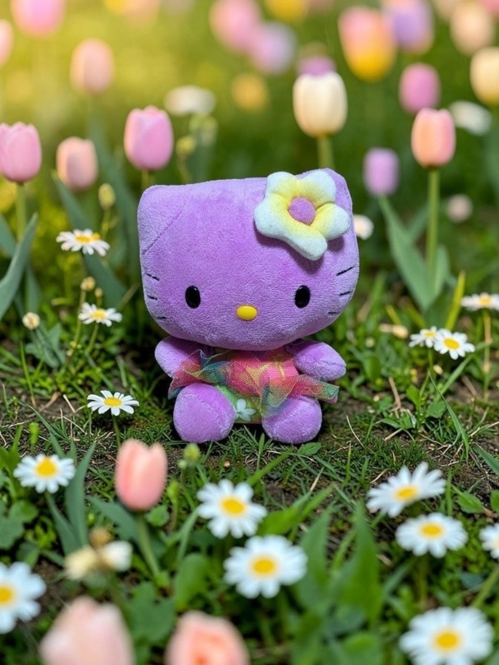 Hello Kitty Purple Plush with Yellow-White Flower Accent